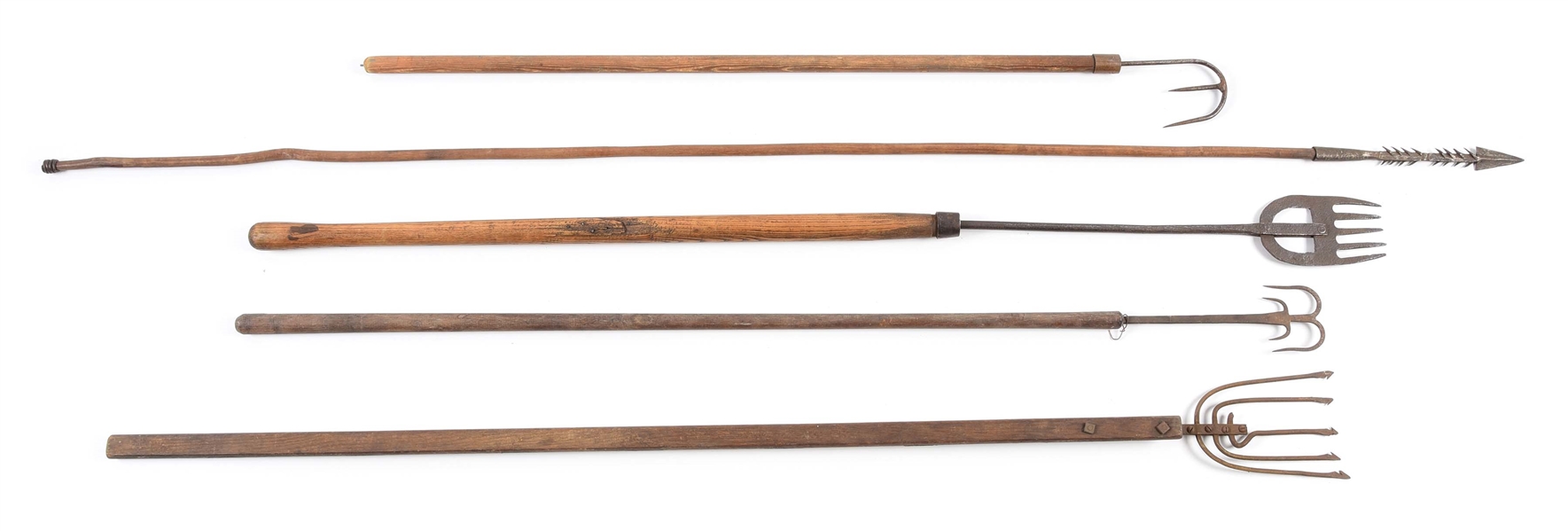 LOT OF 5: VARIOUS EARLY HAND-WROUGHT FISHING ITEMS.