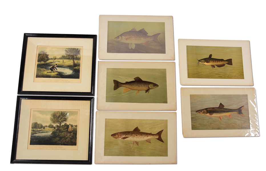 LOT OF 7: VARIOUS FRAMED AND UNFRAMED FISH LITHOGRAPHS.