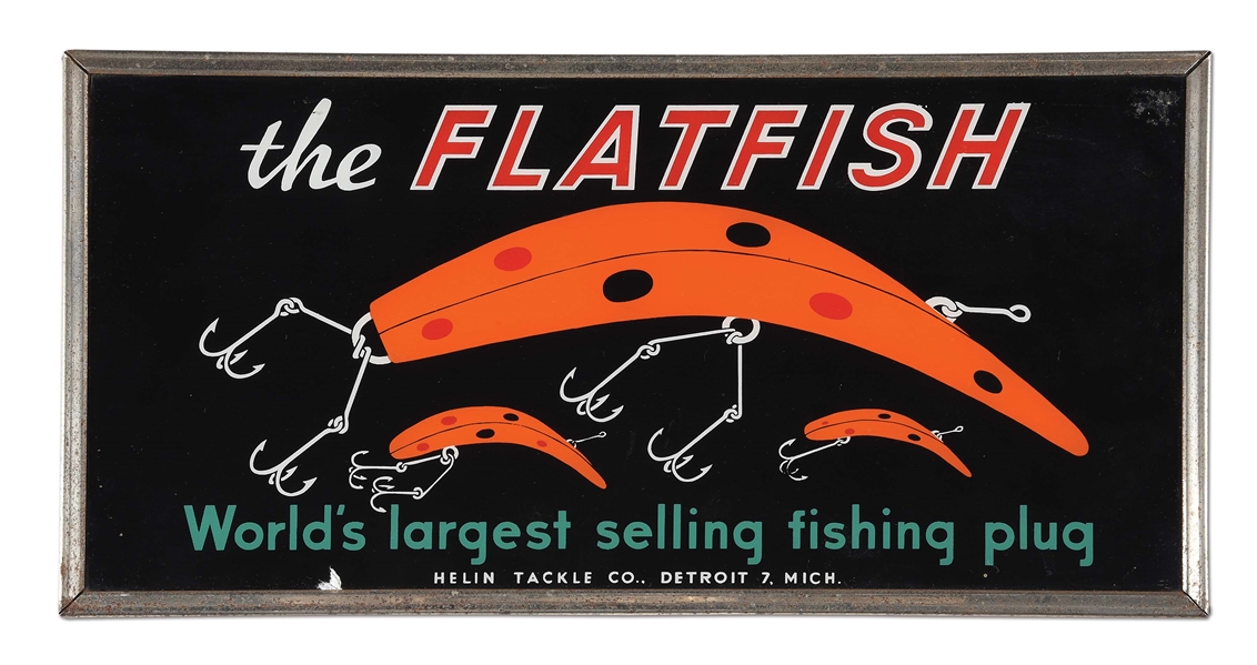 RARE REVERSE PAINED GLASS FLAT FISH ADVERTISING SIGN.