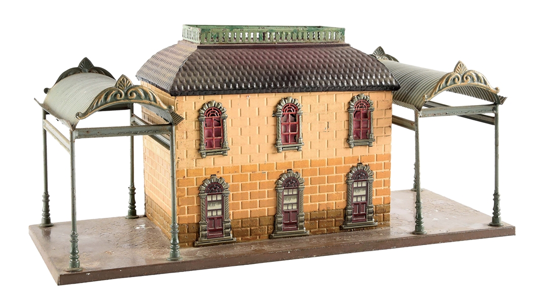 GERMAN BING O GAUGE TRAIN STATION WITH TWO AWNINGS.