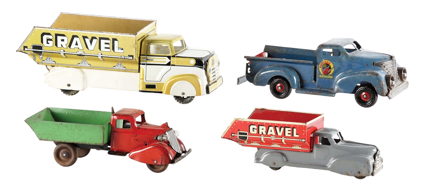 LOT OF 4: AMERICAN MADE MARX AND WYANDOTTE PRESSED STEEL TRUCKS.