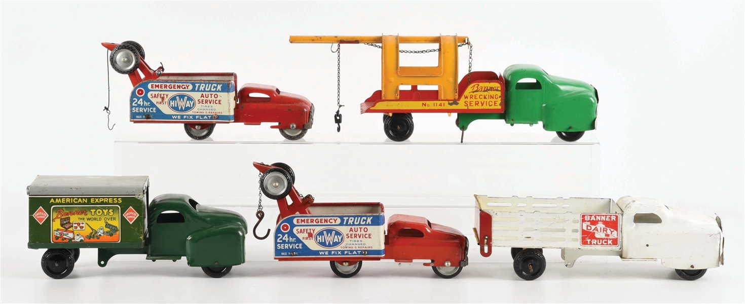 LOT OF 5: PRESSED STEEL BANNER TRUCKS AND VEHICLES.