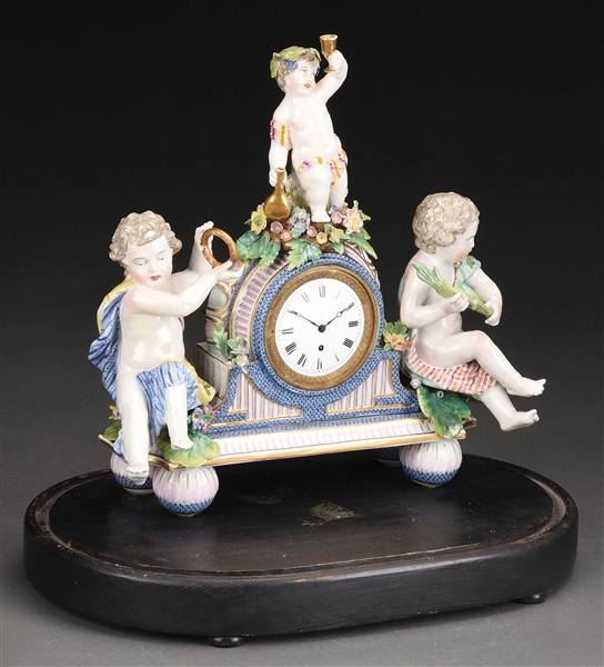 MEISSEN CLOCK WITH GLASS DOME.