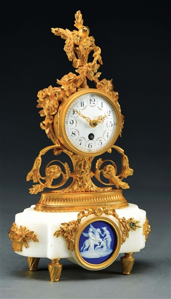 MARBLE AND ORMOLU CLOCK WITH INSET WEDGEWOOD PLACQUE.