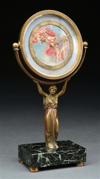 DESK CLOCK WITH DECORATED DIAL.