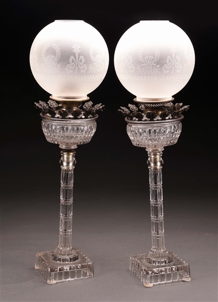 PAIR OF PRESSED GLASS OIL LAMPS.