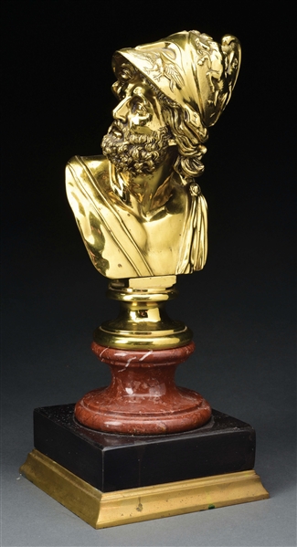 BRONZE PORTRAIT BUST OF AJAX ON VARIEGATED MARBLE AND BRASS BASE.