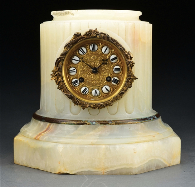 EIGHT DAY TIME AND STRIKE ONYX CLOCK.