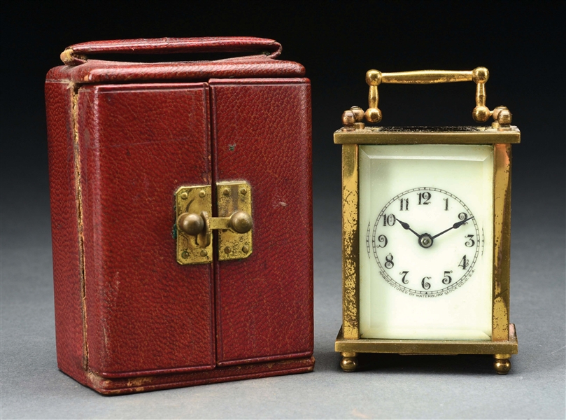 MINIATURE CARRIAGE CLOCK WITH CASE.
