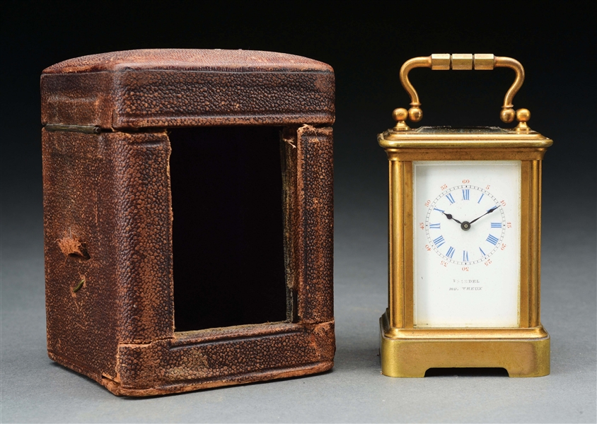 SMALL CARRIAGE CLOCK WITH CASE.