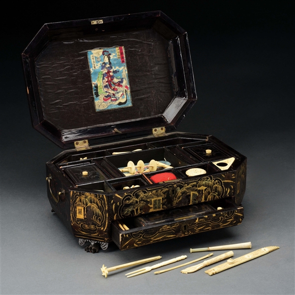 CHINESE LACQUERED SEWING BOX.