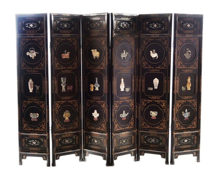 SIX BLACK LACQUERED PANELS WITH JADE APPLIQUES.