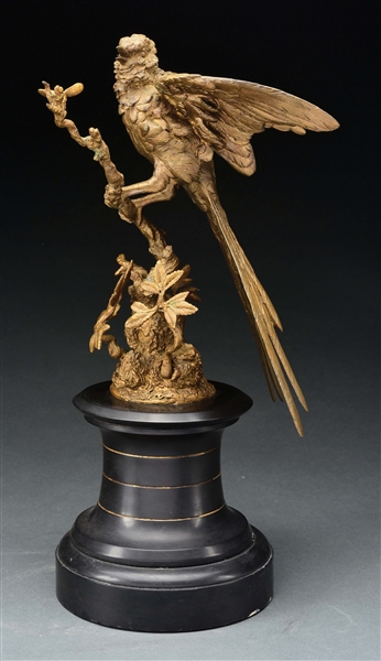 FRENCH BRONZE STATUE OF BIRD AND BEE ON MARBLE BASE.