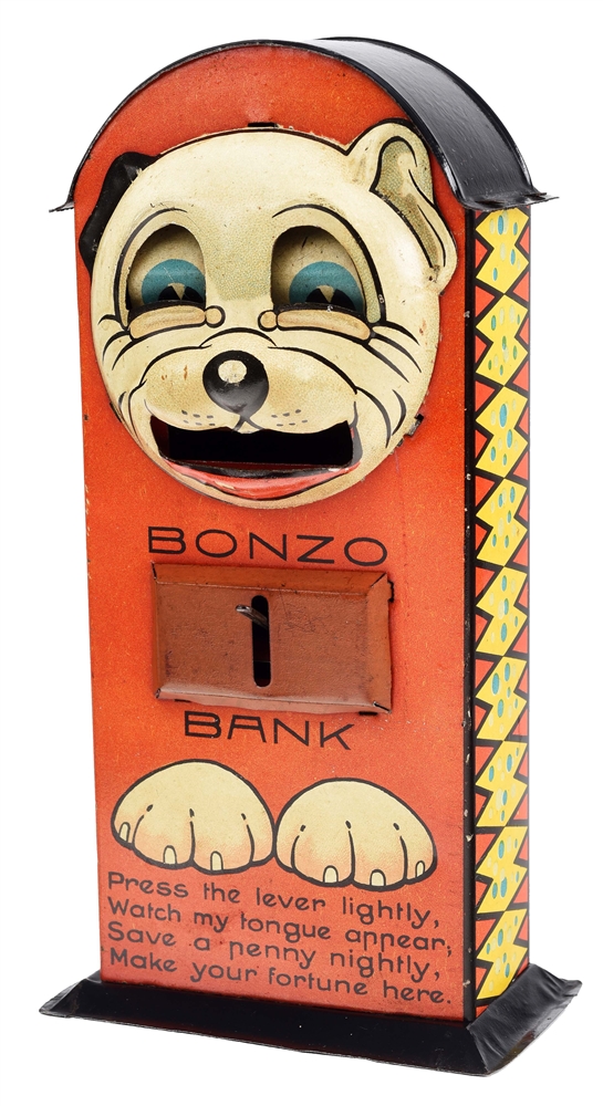BONZO - TIN MECHANICAL BANK WITH VERSE.