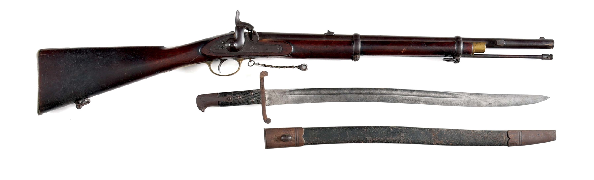 (A) BRITISH ENFIELD 1861 MUSKETOON DATED 1862 WITH YATAGHAN BAYONET.