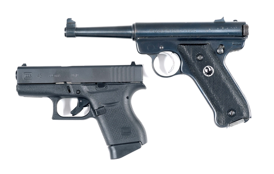 (M) RUGER STANDARD MODEL AND GLOCK 43 SEMI AUTOMATIC PISTOLS.