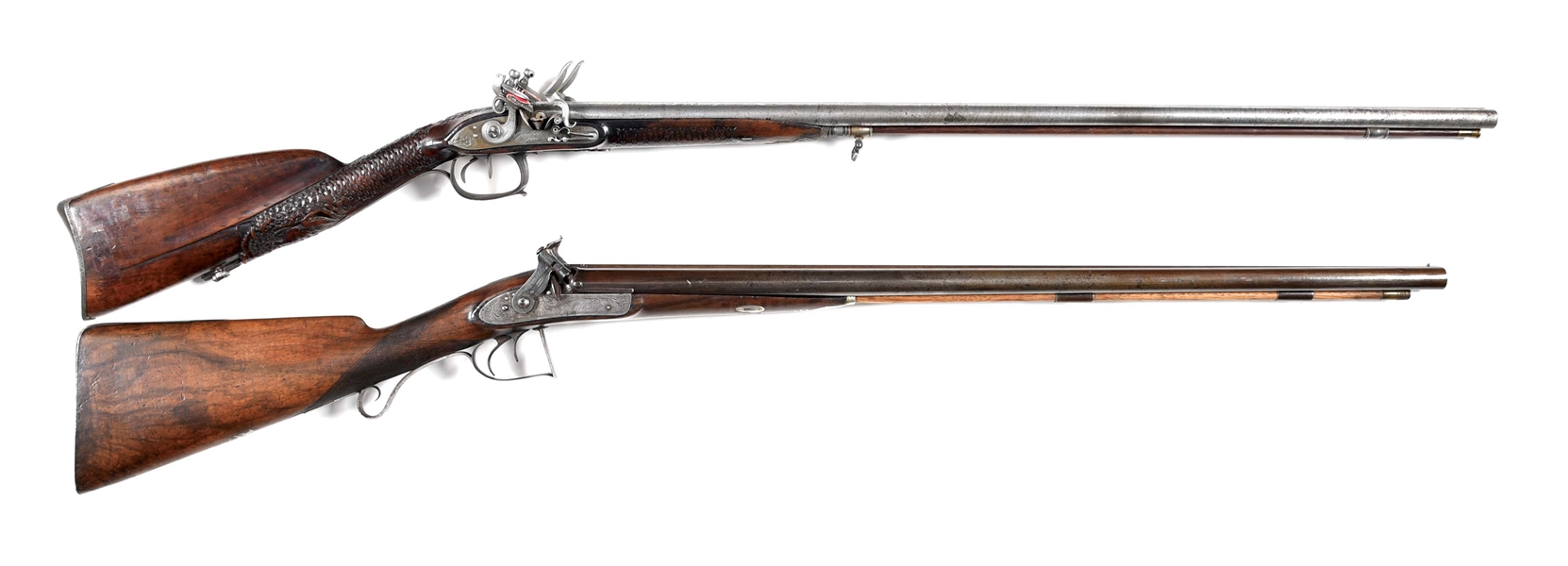 (A) LOT OF 2: GODBERT FIGURAL CARVED FLINTLOCK AND ENGLISH MORTIMER PERCUSSION SIDE BY SIDE SHOTGUNS.