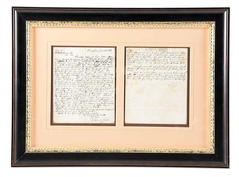 FRAMED LETTER WRITTEN AND SIGNED BY SAMUEL COLT REGARDING 1861 SPECIAL CONTRACT MUSKET.