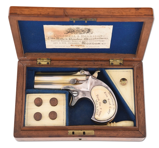 (C) CASED REMINGTON MODEL 95 DERRINGER PRESENTED TO BRIGADIER GENERAL GEORGE GLAS SANDEMAN CAREY, WHO INTERCEPTED THE GERMANS DURING THE SECOND BATTLE OF THE SOMME.