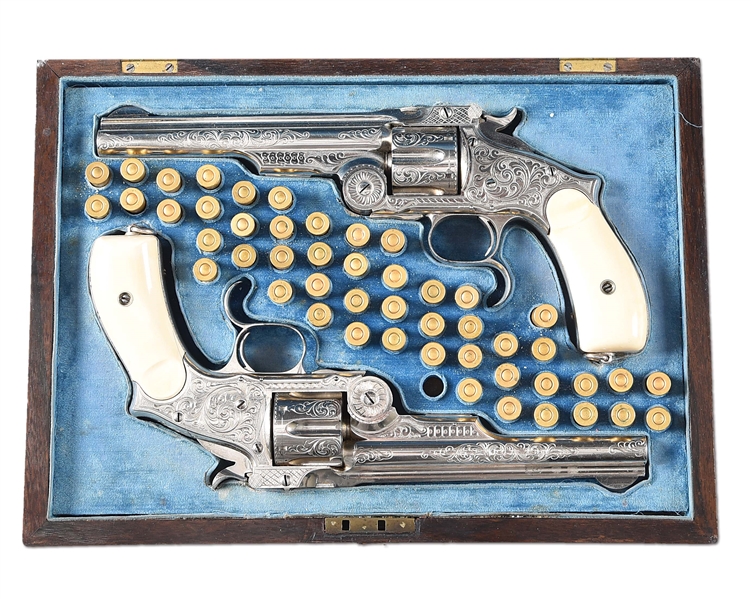 (A) CASED PAIR OF ENGRAVED SMITH AND WESSON NUMBER 3 RUSSIAN REVOLVERS FROM THE GERALD KLAZ COLLECTION.