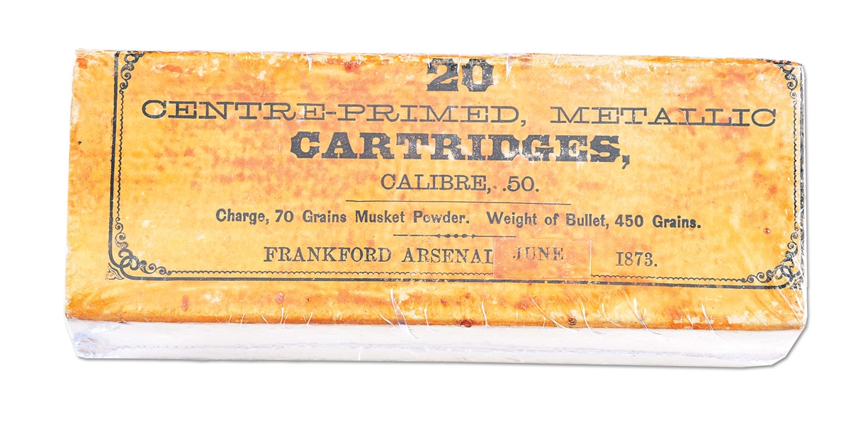 UNOPENED BOX OF .50-70 GOVERNMENT CARTRIDGES MADE BY FRANKFORD ARSENAL.