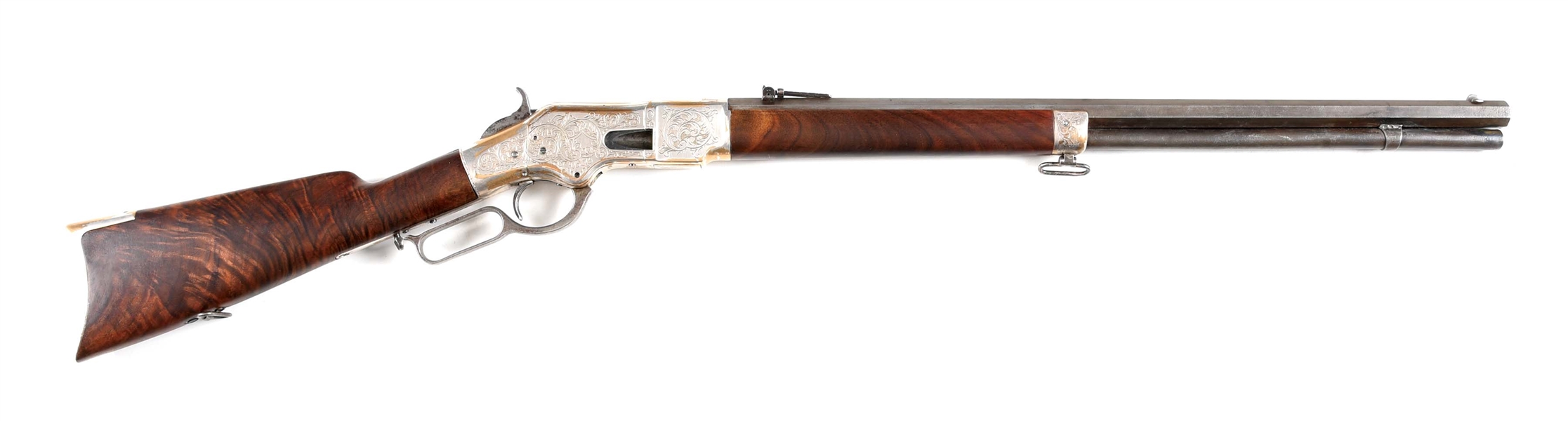 (A) CUSTOM ENGRAVED WINCHESTER MODEL 1866 LEVER ACTION RIFLE.