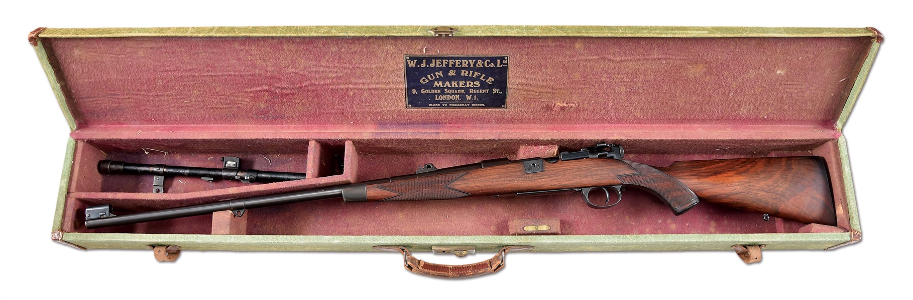 (C) W.J. JEFFREY BOLT ACTION RIFLE IN .333 EXPRESS WITH SCOPE AND CASE.