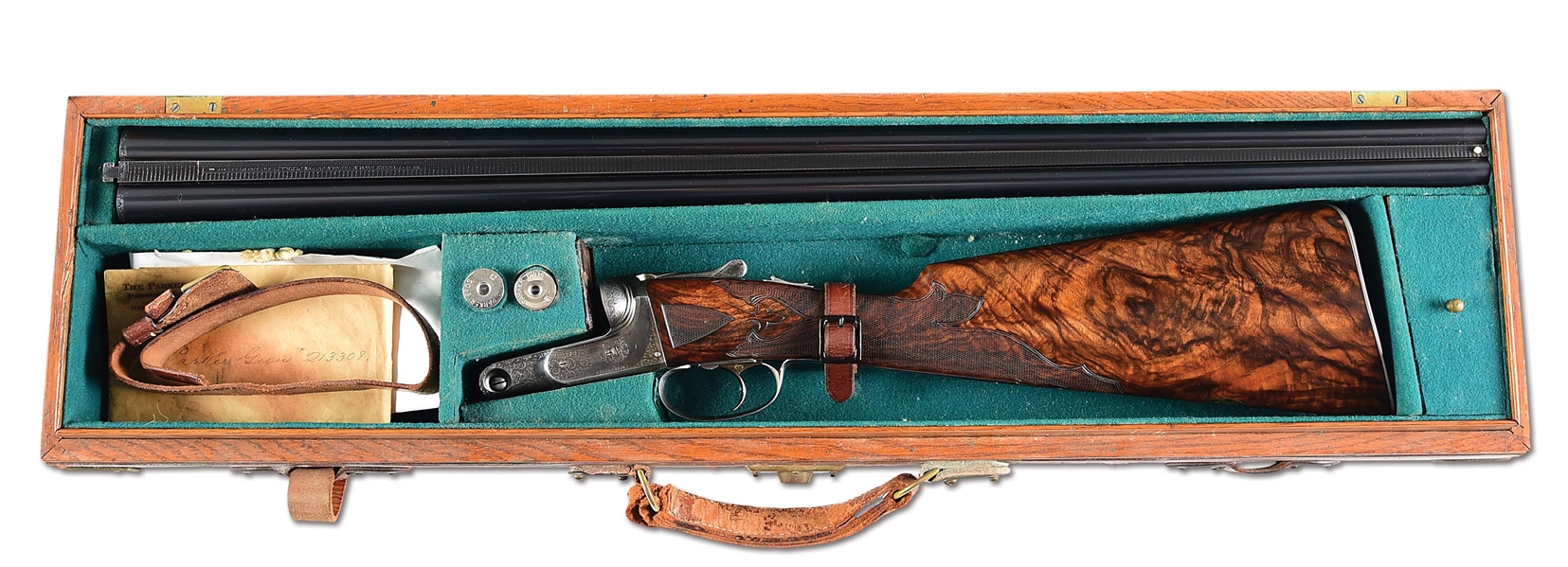 (C) BEAUTIFUL PARKER AAHE GRADE SIDE BY SIDE SHOTGUN WITH CASE AND ORIGINAL HANG TAGS.