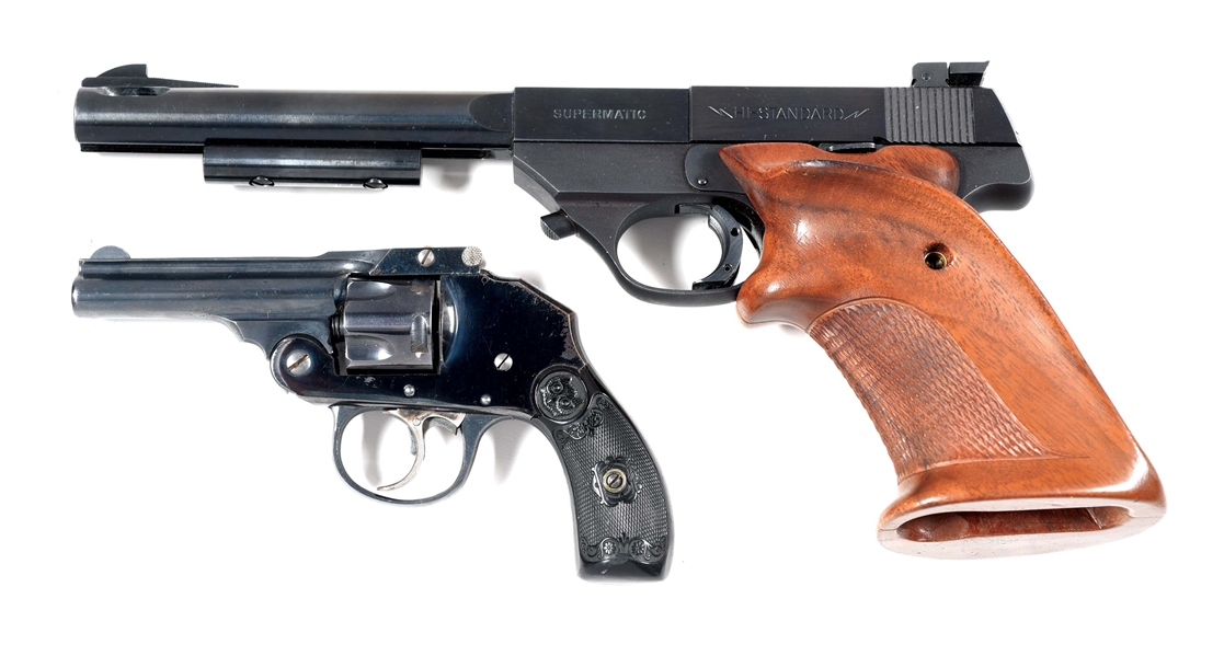 (C) LOT OF 2: HI-STANDARD SUPERMATIC .22 SEMI AUTOMATIC TARGET PISTOL WITH IVER JOHNSON HAMMERLESS REVOLVER.