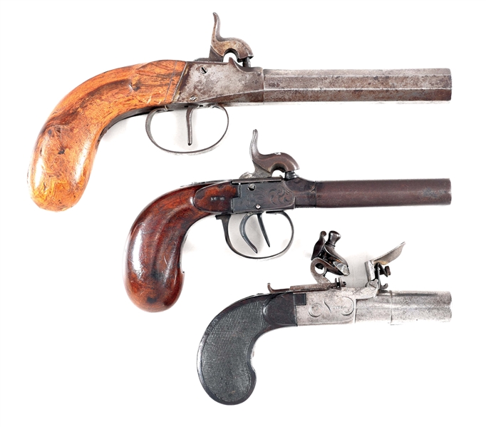 (A) LOT OF 3: EUROPEAN FLINTLOCK AND PERCUSSION PISTOLS.