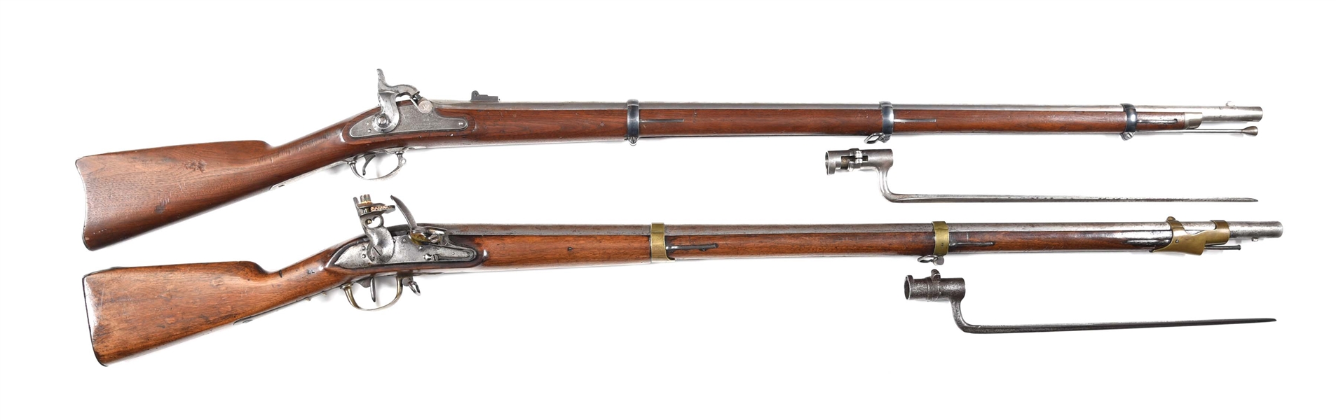 (A) LOT OF 2: SPRINGFIELD 1863 PERCUSSION AND BELGIAN FLINTLOCK MUSKETS WITH BAYONETS.
