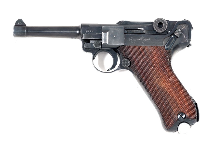 (C) INTERESTING GERMAN WORLD WAR II MAUSER "42" CODE 1939 DATED P.08 SEMI-AUTOMATIC PISTOL WITH ACCESSORIES.