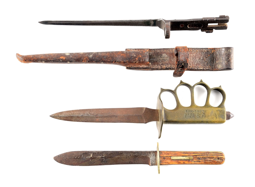 LOT OF 3: US MARK I TRENCH KNIFE, EARLY BRIDGEPORT KNIFE, AND M1941 JOHNSON RIFLE BAYONET