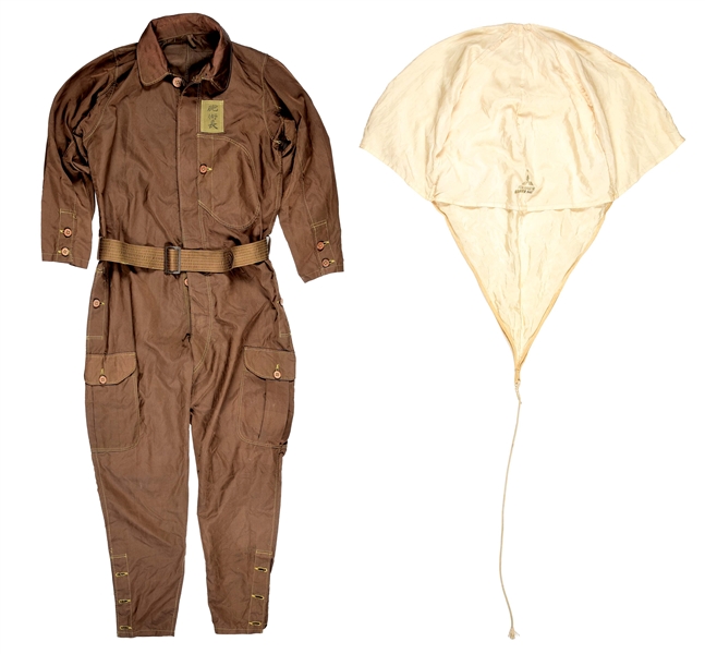 LOT OF 2: WORLD WAR II IMPERIAL JAPANESE UNLINED FLIGHT SUIT & MITISUBISHI MARKED SILK PARACHUTE.