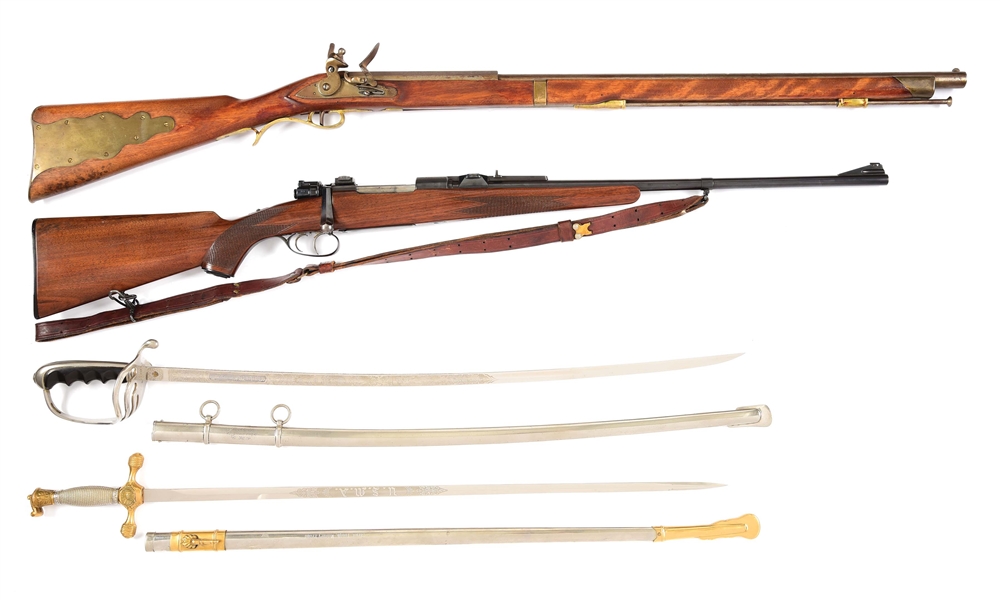 (C) LOT OF 4: MAUSER 98, JAPANESE FLINTLOCK RIFLE, 1902 PATTERN SWORD, AND WEST POINT CADET SWORD IDENTIFIED TO GREEN BERET CHARLES MAZE SIMPSON III