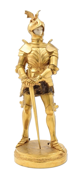 LOUIS GOSSIN (1846-1928), GOLD GILT BRONZE AND IVORY KNIGHT WITH DECORATED DRAGON HELMET.