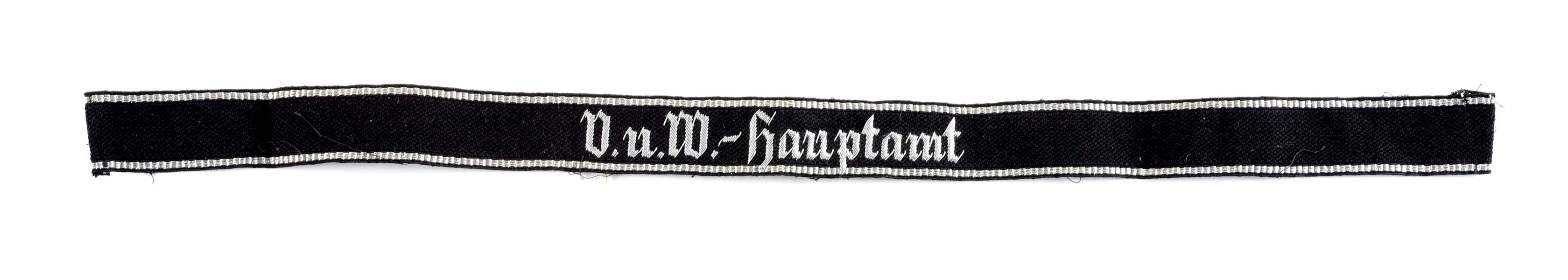 RARE AND DESIRABLE EARLY SS CUFF TITLE "V.U.W - HAUPTAMT" IN HAND EMBROIDERED BULLION.