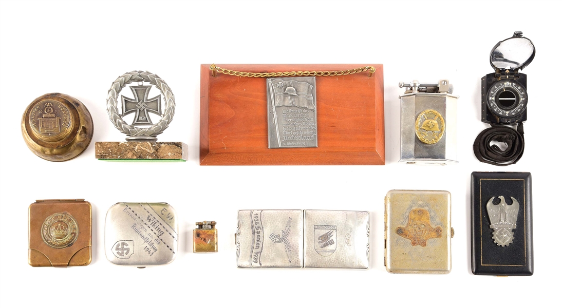 LOT OF 11: THIRD REICH LIGHTERS, CIGARETTE CASES, COMPASS, AND DESK ITEMS