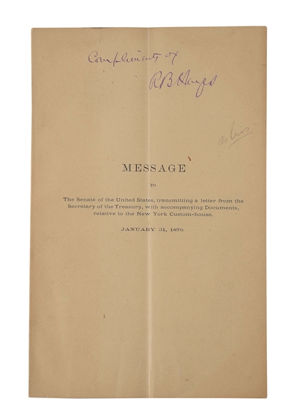 RUTHERFORD B HAYES SIGNED COPY OF HIS MESSAGE TO THE SENATE.