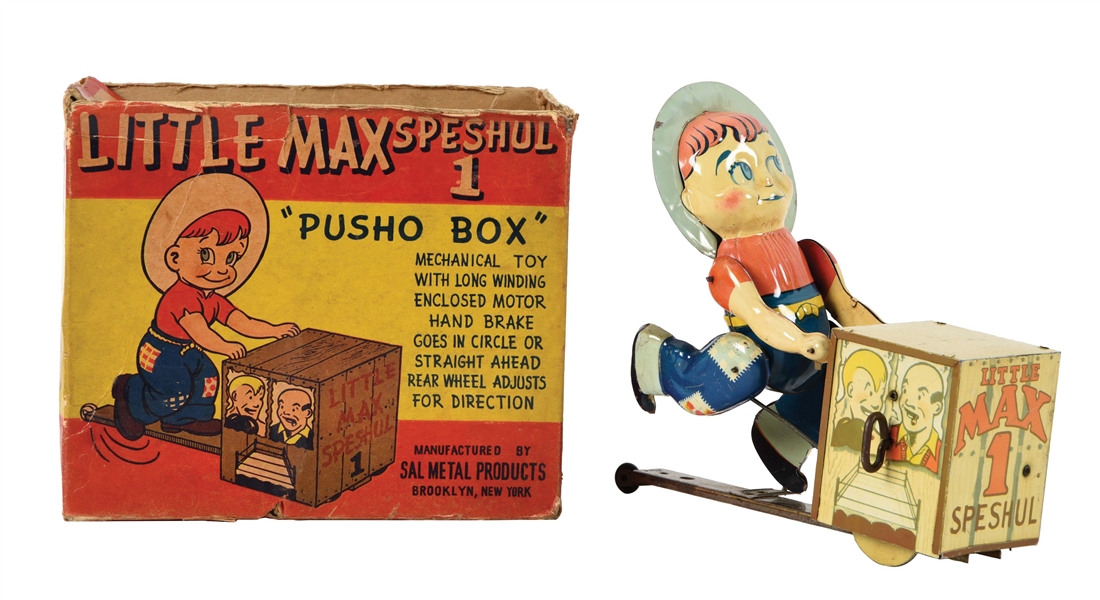 VERY RARE TIN LITHO WIND-UP LITTLE MAX SPESHUL COMET TOY WITH ORIGINAL BOX.