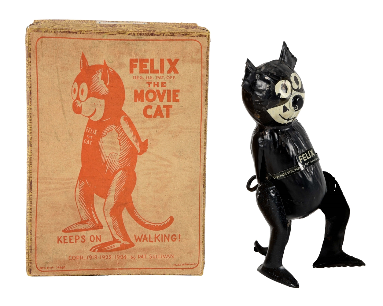GERMAN NIFTY HAND-PAINTED WIND-UP FELIX THE MOVIE CAT TOY IN RARE ORIGINAL BOX.