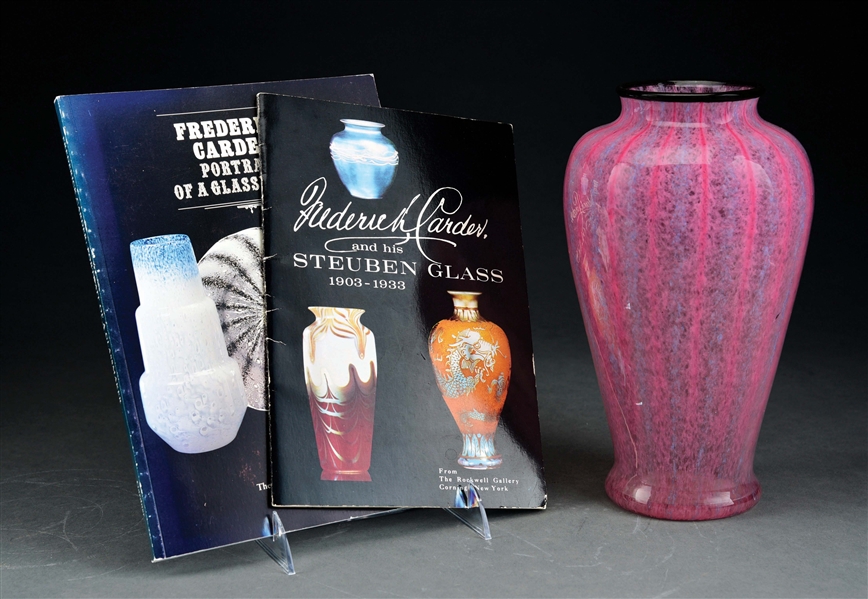 STUBEN  FREDRIC CARDER “CINTRA” VASE ALONG WITH  TWO FREDRIC CARDER REFERENCE BOOKS.