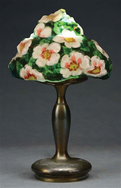 PAIRPOINT BOUDOIR PUFFY LAMP WITH APPLE BLOSSOM SHADE.