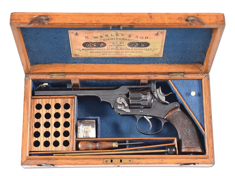 (A) CASED WEBLEY "WG" MODEL 1893 .450/455 DOUBLE ACTION REVOLVER RETAILED BY J.F. SMYTHE, WHO BLEW UP DARLINGTONS TOWN CENTER.