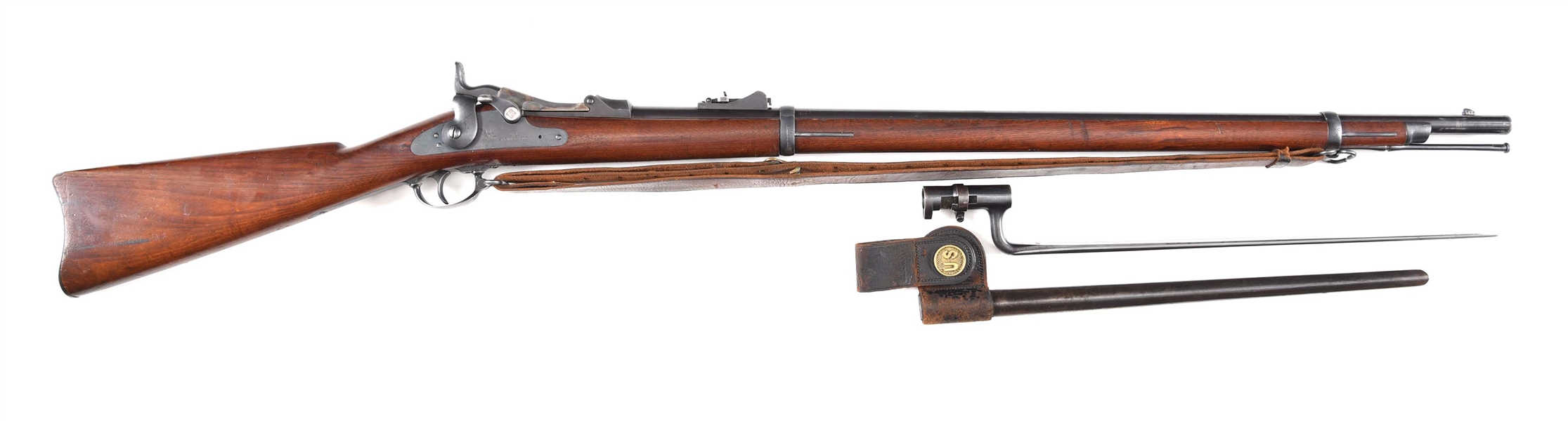 (A) SPRINGFIELD 1873 PERCUSSION RIFLE WITH BAYONET IN EXTREMELY WELL PRESERVED CONDITION.