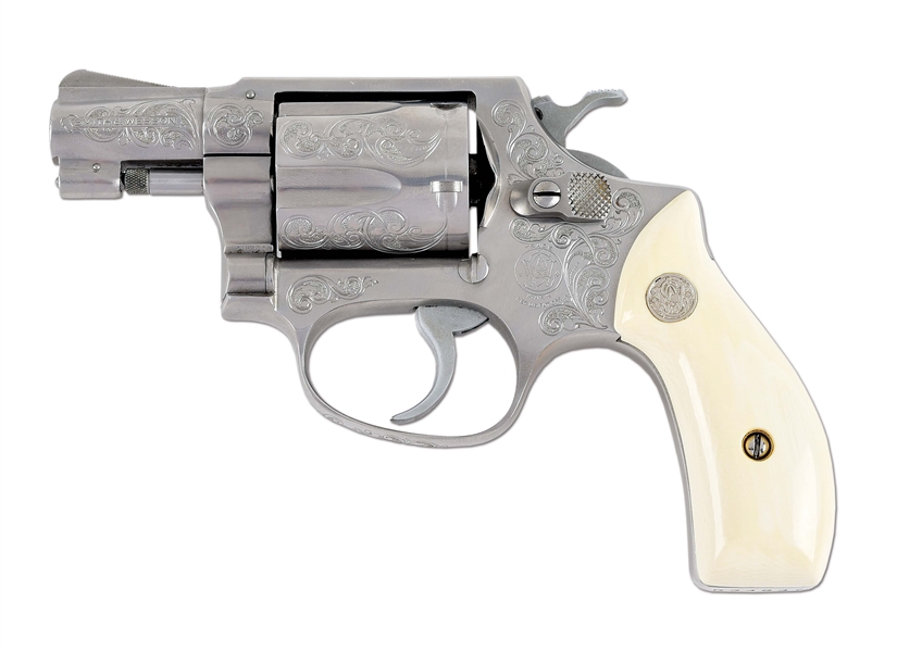 (M) FACTORY ENGRAVED SMITH AND WESSON MODEL 60 DOUBLE ACTION REVOLVER WITH CUSTOM IVORY GRIPS AND FACTORY BOX.