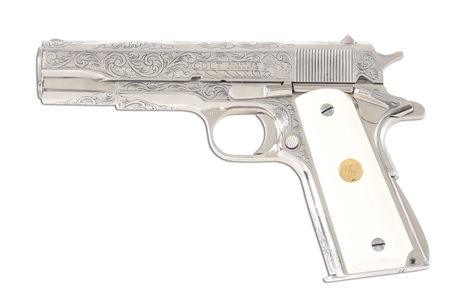(C) COLT SUPER 38 1911A1 SEMI-AUTOMATIC PISTOL ENGRAVED BY DAVID WADE HARRIS.