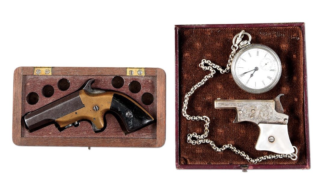 (A) LOT OF TWO: BRASS FRAMED SINGLE SHOT DERRINGER AND BREVETTE REMINGTON VEST POCKET WITH ATTACHED POCKET WATCH, BOTH IN CASES.