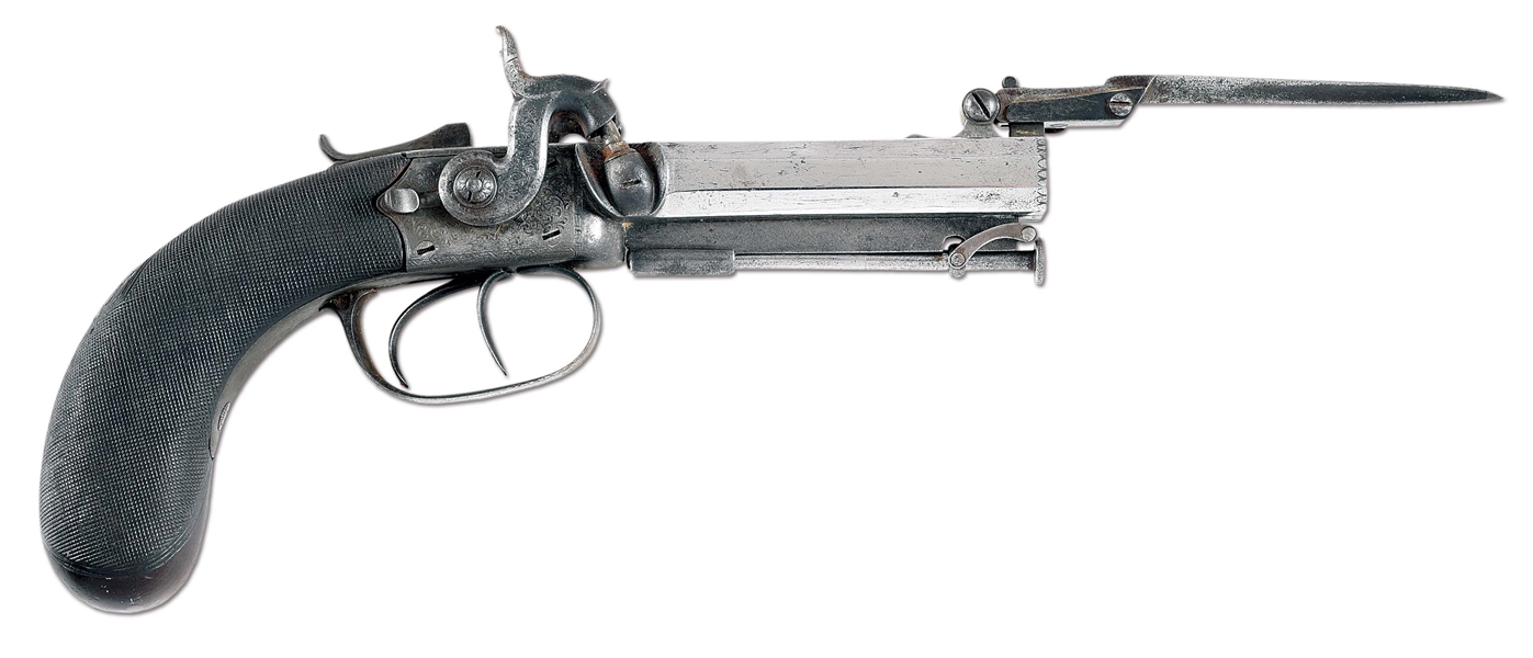 (A) ENGLISH DOUBLE BARREL PERCUSSION PISTOL WITH BAYONET.
