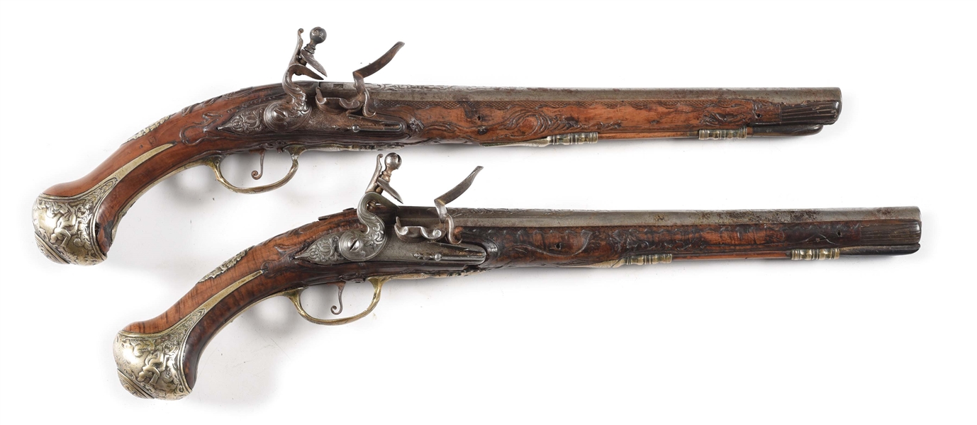 (A) PAIR OF LARGE AND DECORATIVE OTTOMAN FLINTLOCK PISTOLS.